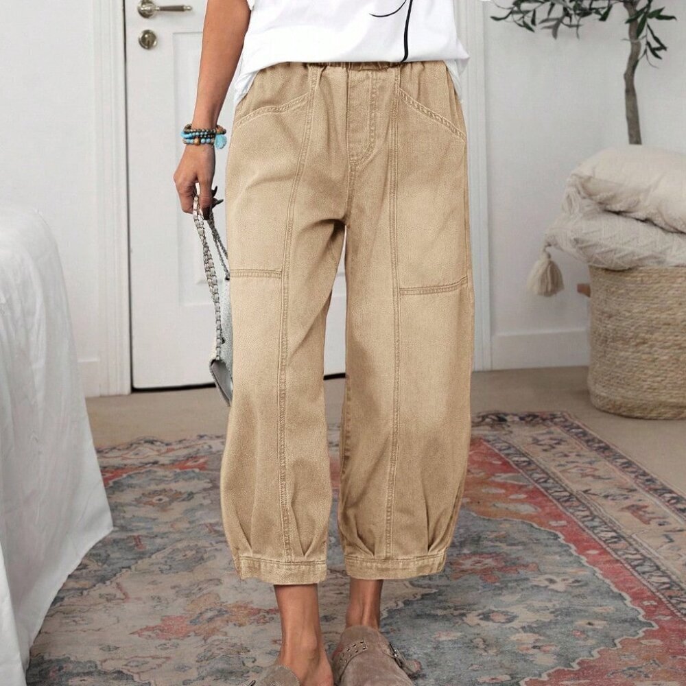 Khaki Casual Women's Vintage Elastic Waist Jeans